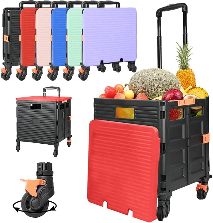 SELORSS Foldable Utility Cart Rolling Crate Handcart 110lbs Large Capacity Shopping Cart with 360°Rotate Noiseless Wheels & Telescoping Handle for Transports Groceries Office School Use（Red）