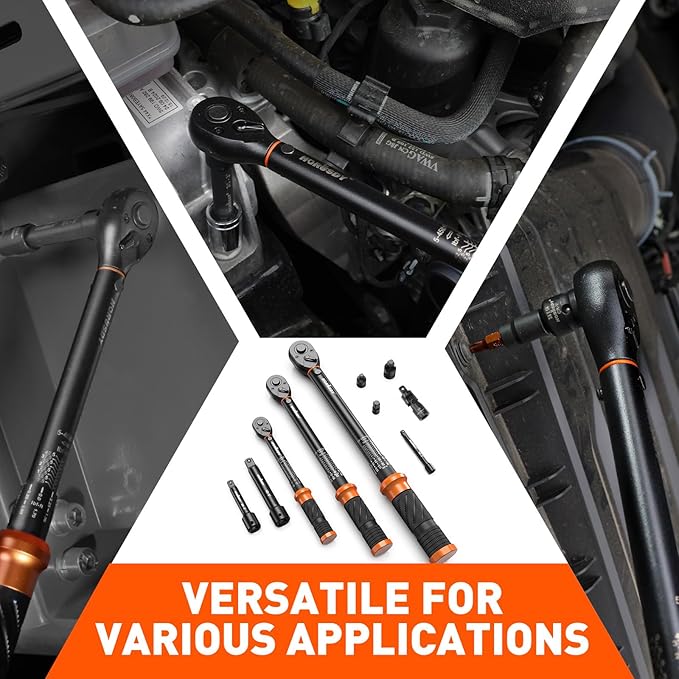 3Pack Torque Wrench Set, 1/4", 3/8", 1/2" Drive Click Torque Wrench Extra with Extension Bars & Adapters, Dual-Direction Adjustable Precision Torque Wrenches for Car, Motorcycle, Bike DIY Maintenance