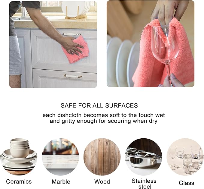 kimteny Kitchen Cloth Dish Towels, 13x28 Inches Premium Dishcloths, Super Absorbent Coral Velvet Microfiber Cleaning Cloths, Fast Drying Rags for Washing Dishes (13x28-6 Pack, Pink)