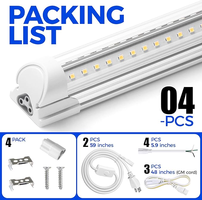 Barrina 5000K 2FT LED Shop Light, 3000LM, 20W, T8 Shop Lights for Garage, Workbench, Cabinet, Workshop, Room, LED Tube Lights, Linkable Ceiling Light Fixture with Built-in ON/Off Switch, ETL, 4 Packs