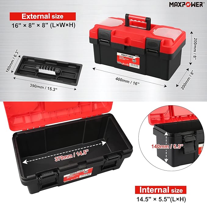 MAXPOWER Tool Box 16 inch, Plastic Small Tool Box with Latch and Removable Tray, Lockable Toolbox for Home