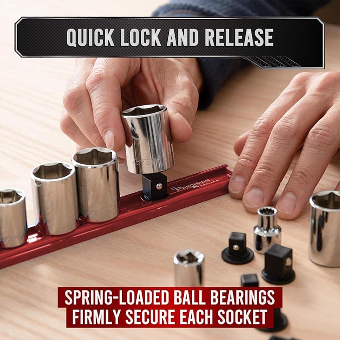 Precision Defined Aluminum Tool Holder | Red Single 1/2-Inch Socket Organizer x 14 Clips | Heavy Duty Rotating Socket Tray