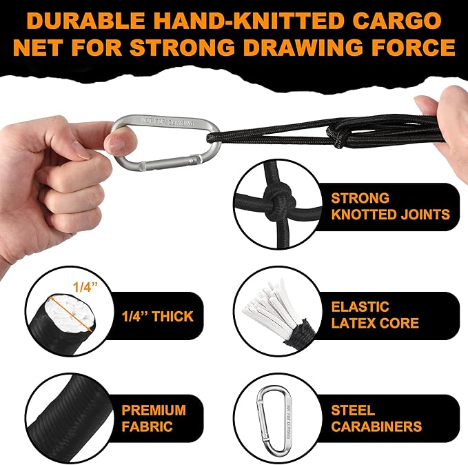 Seven Sparta 5’ x 7’ Bungee Cargo Net Stretches to 10' x 14' for Truck Bed, Pickup Bed, Trailer, Trunk, SUV with 16 Bonus D Clip Carabiners Car Organizer Net for Large Loads (Black, 5'x7')