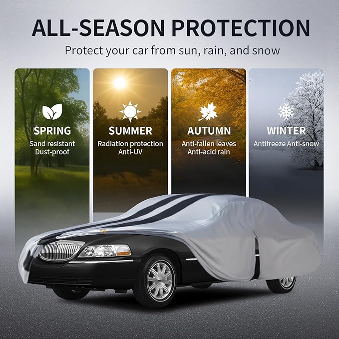 Multi-Layer Car Cover Custom Fit for Lincoln Town(1981-2011), 100% Waterproof All Weather for Automobiles, Gift with Towel, Heavy Duty Car Covers for Rain Sun UV Protection with Door Zipper.