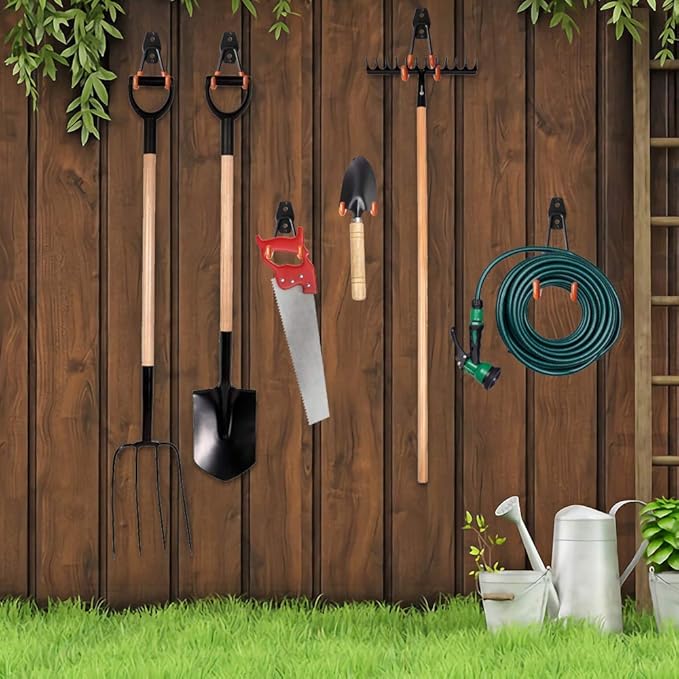 Garage Hooks, 12 Pack Wall Storage Hanger with 2 Extension Cord Straps, Heavy Duty Tool Holder for Utilities Organization, Wall Mount Rack for Garden Lawn Tools, Ladders, Bike, Ski (Orange)