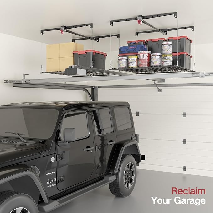 Overhead Garage Storage Lift, 4x4 Ft Ceiling Storage, Heavy-duty Ceiling Mounted Lift System,Ideal for Overhead Space, 250lbs Weight Capacity