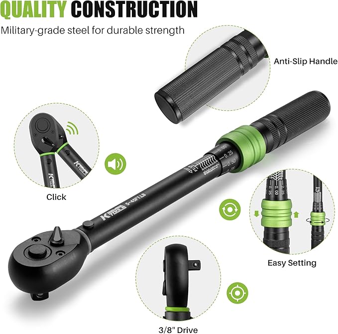 3/8-Inch Drive Click Torque Wrench - 5-45 Ft-Lb/6.8-61Nm, Adjustable Dual-Direction Torque Wrench with 3% Precision, 72 Tooth Head, Dual Range for Bike, Motorcycle and Car Repair