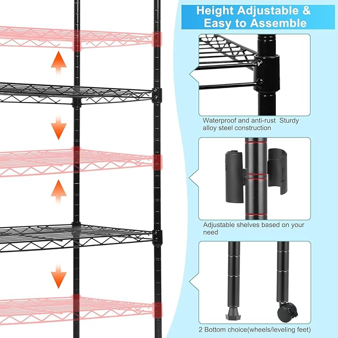 Simple Deluxe 5-Tier Heavy Duty Adjustable Shelf with Wheels, 23.23”W x 13.39”D x 59.45”H,Metal Storage Rack, Easy Tool-Free Assembly for Garage, Warehouse, Basement, Laundry, Black