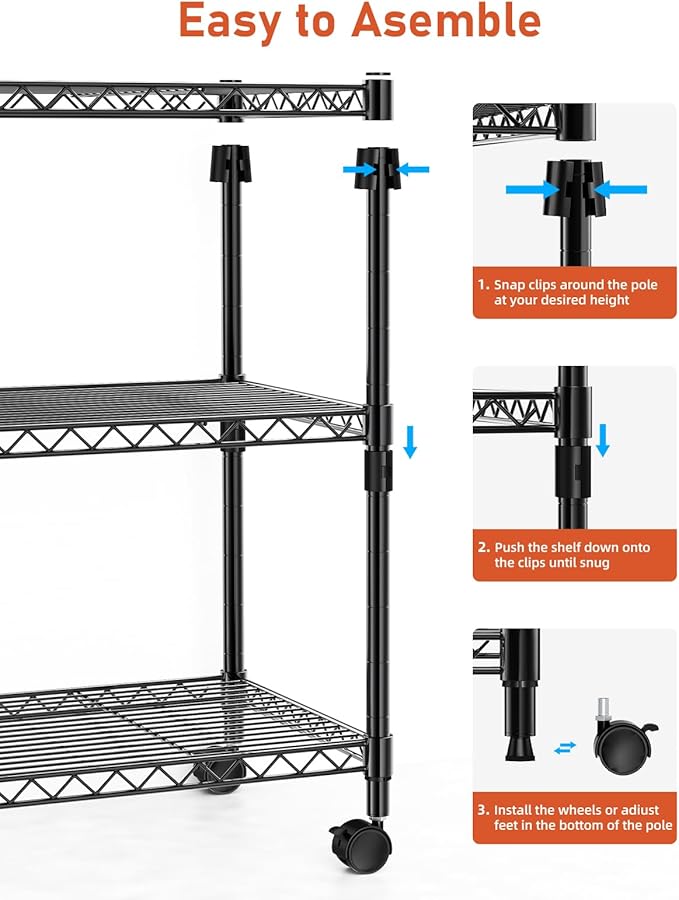 Simple Deluxe Heavy Duty 3-Tier Storage Shelves 750Lb Capacity, 24.02" D x 13.78" W x 29.92" H Shelving Unit for Pantry, Garage, Laundry and Kitchen, Black, 2 Pack