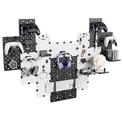 PEGZONE Controller and Headphone Holder Wall Mount, Modular Gaming Pegboard with Accessories, Controller Stand for Xbox PS5 PS4 Switch, Video Game Storage, Disc Shelf, 14pcs Pegboard, Black & White