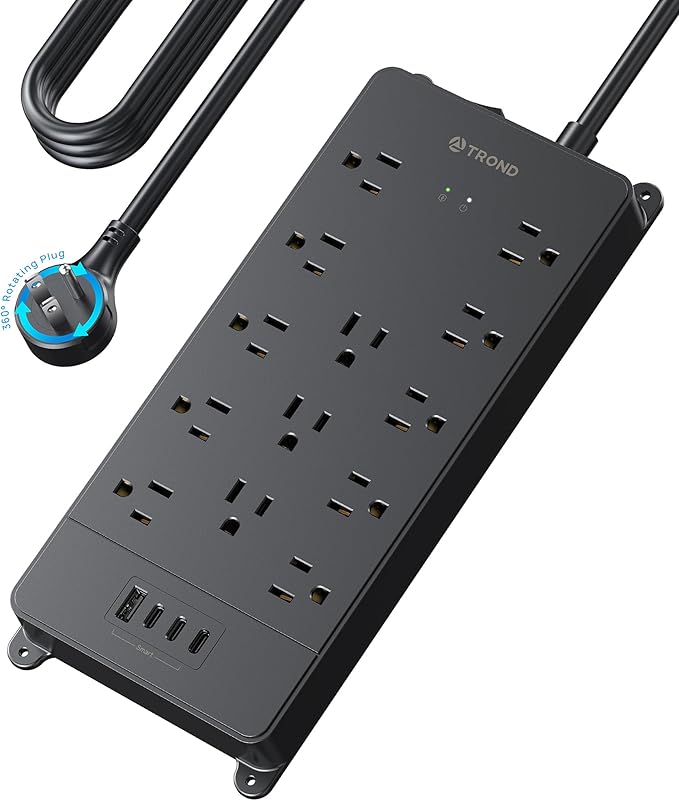 TROND 360° Rotating Flat Plug, Surge Protector Power Strip, 13AC Widely Spaced Outlets Expansion with 3 USB C Ports, 4000J, 15ft Extension Cord Heavy Duty, Wall Mount, Under Desk, ETL Listed, Black