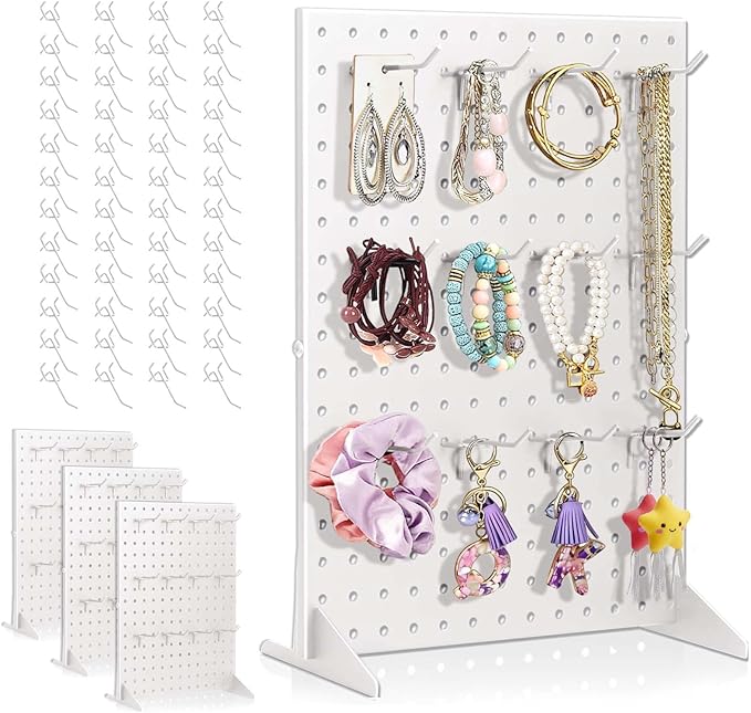 4 Pack Peg Board Display Stand for Vendors with 48 Hooks Metal Tabletop Pegboard Display Stand for Craft Shows 17" X 13" Retail Display Racks For Jewelry Earring Keychain PegBoard Organizer White