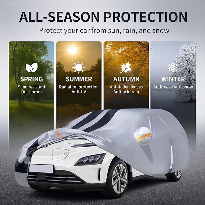 Multi-Layer Car Cover Custom Fit for Hyundai Kona(EV)(2017-2026), 100% Waterproof All Weather for Automobiles, Gift with Towel, Heavy Duty Car Covers for Rain Sun UV Protection with Door Zipper.
