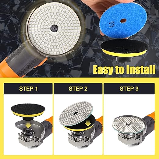 4 in Diamond Polishing Pads Set, 12 Pcs Durable Wet/Dry Polishing Pads, Marble Granite Concrete Polishing Kit with 5/8''-11 Backer Pad, 50-6000 Grit, Polisher, Grinder, Drill Use
