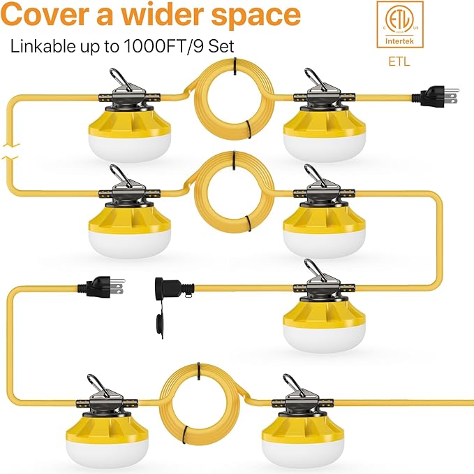 100FT Construction String Lights: 3 Prong 100W Led Construction String Lights with 10 Bulbs & Hooks, IP65 Attic Lighting 5000K Linkable Hanging Work Light for Crawlspace Basement Backyard