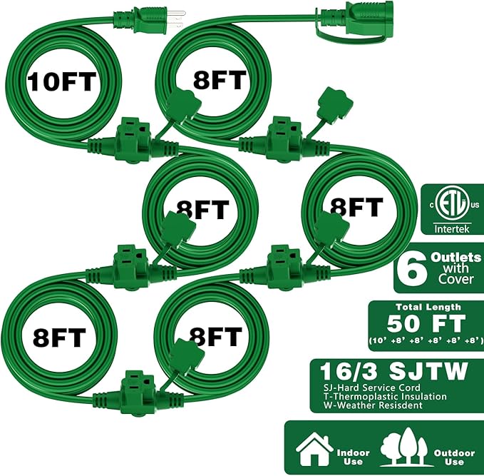 K KASONIC - Outdoor Extension Cord 50 FT, Evenly Spaced 6 Outlets Plugs, 16/3 SJTW Weatherproof Multiple Outlets Wire for Landscaping Light, Holiday Decoration and Christmas, ETL Listed, Green