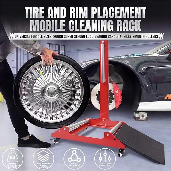 Upgraded Rolling Wheel Detailing Stand – Heavy-Duty Tire Cleaning and Polishing Roller with Wheels Handle Ramp and 3-Way Rotating Rollers for Ceramic Coating, Tire Shine, Car Wheel Wash