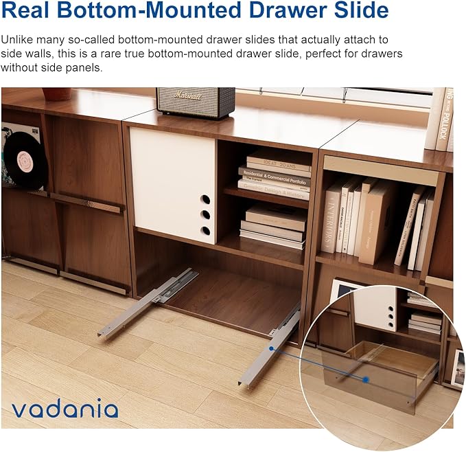 VADANIA 12" Undermount Drawer Slide, Push to Open, Bottom Mounted & Bottom Support, 88 lb Load Capacity, 3-Fold Full Extension, Invisible Drawer Slies,1 Pair(2-Pack)