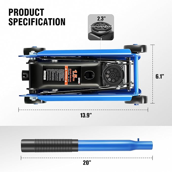 DNA Motoring Low Profile Hydraulic Trolley Service/Floor Jack, 1.5 Ton (3000 lbs) Capacity, Lifting Range 5.5"-15.35",Blue, TOOLS-00675-BL