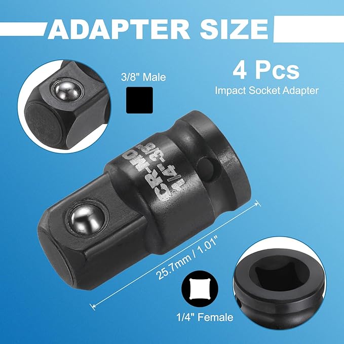 HARFINGTON 4pcs Impact Socket Adapter 1/4" Female to 3/8" Male Square Drive Increaser Standard SAE CR-MO Steel Converter Impact Driver Ratchet Wrench Breaker Bar Conversion, Black