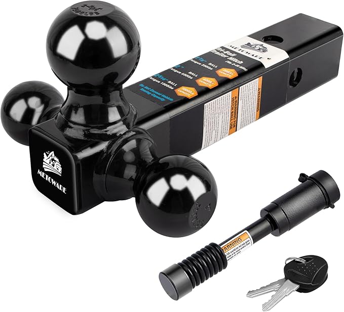 METOWARE Trailer Hitch Tri Ball Mount with 5/8" Hitch Lock, 1-7/8 Inch, 2 Inch and 2-5/16 Inch Tri Ball Hitch Fit 2 Inch Receiver, Hollow Shank Tow Hitch, Black