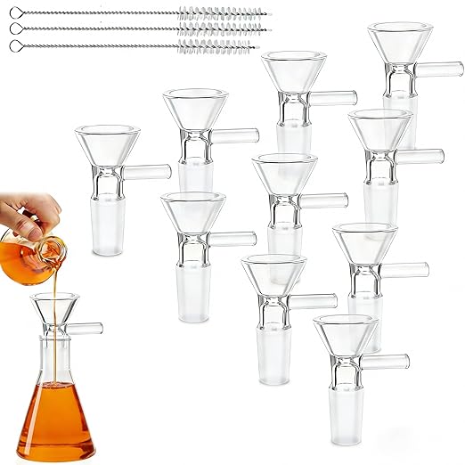 10Pcs Glass Funnels with Handle, 14mm Multipurpose Clear Glass Funnel Set Transparent Funnel for Kitchen & Lab Liquids, Oils, Powders, with 3 Cleaning Brushes