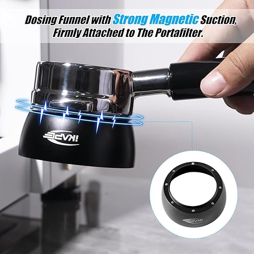 IKAPE 58mm Magnetic Dosing Funnel, Espresso Ring Compatible with 58 mm Bottomless Portafilter - with 10 Small Magnet (Black)
