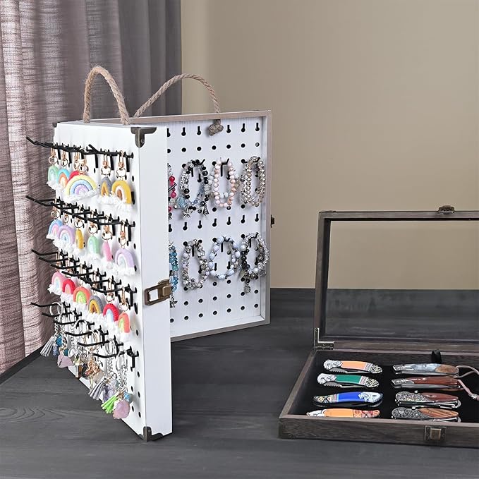 MOOCA Wooden Foldable and Portable 2 Panel Pegboard Jewelry Display Organizer with 48 Removable Black Metal Hooks & Convenient Rope Handle for Easy Carrying, Dual-Sided Panels for Hanging, White Color