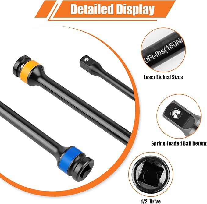 Torque Limiting Extension Bar Kit, 10 Piece 1/2" Drive Torque Wrench Set with Color-Coded Torque Sticks (65-150 Ft-Lbs), Compatible with 1/2" Drive Tools for Lug Nuts, Automotive Repair