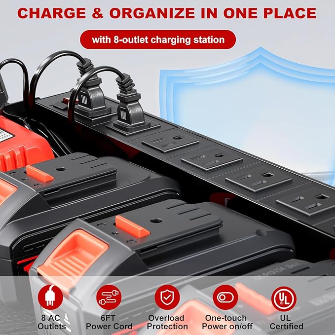 Power Tool Organizer Wall Mount with Charging Station, Heavy Duty 3 Layer Garage Tool Storage with 4 Cordless Drill Holder and 8 Outlet Power Strip, Gift for Men Husband Dad Birthday Anniversary red