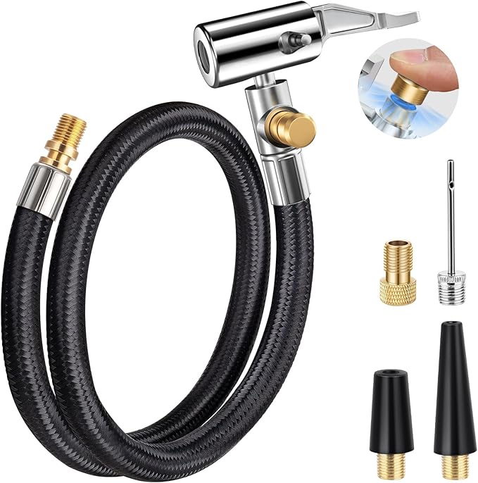 LUMITECO 21'' Quick Air Release Extention Hose, Tire Valve Extension Tube w/Presta Valve & Air Pump Ball Needle Set, Air Tire Inflator Pump Hose with Air Chuck Adapter for Portable Air Compressor