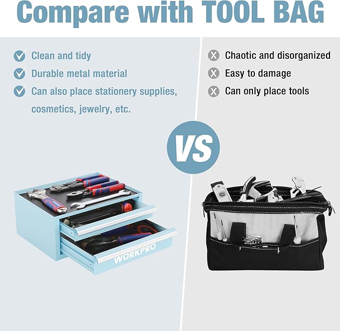 WORKPRO 12.5" Mini Tool Box with 2 Drawers & 1 Open Top Storage, Small Metal Tool Chest with PVC Liners & PP Feet Pads, Cold Rolled Steel Toolbox with Drawer Liners & Magnetic Tabs