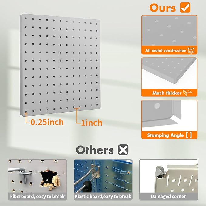 Peg Board, 6PCS Metal Pegboard, Heavy Duty Pegboard Wall Organizer with Frame. Pegboard for Walls, Garage, Workbench, Craft Room Tool Organization, Metal Pegboard Panels 12in*12in,Grey