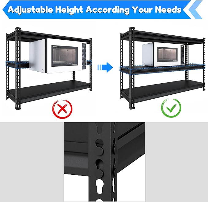 48" W Garage Shelving Heavy Duty, 1500LBS Loads Adjustable Garage Storage Shelves, 3-Tier Metal Shelving Units and Storage Racks, Industrial Utility Shelf,48" Wx18 Dx39 H, Black