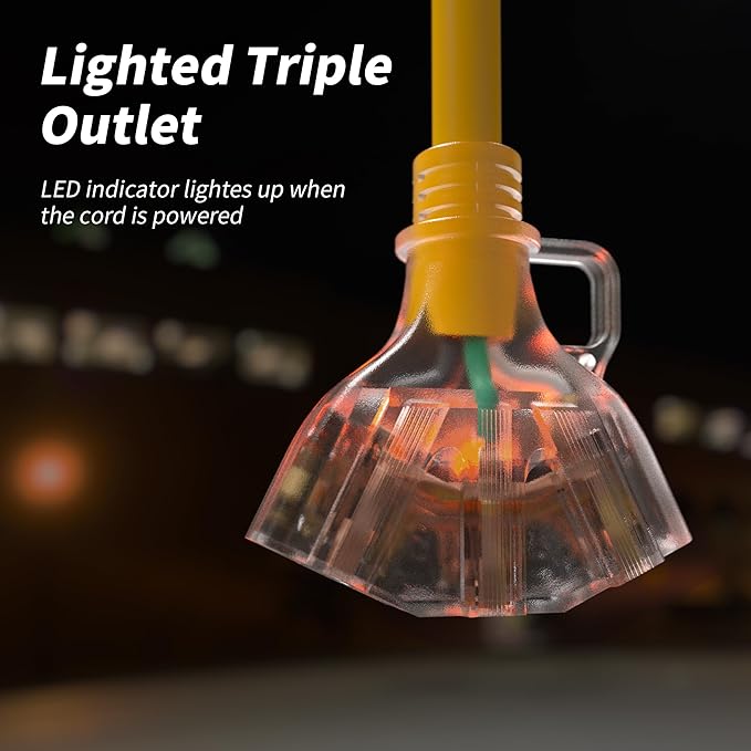 PlugSaf 6 FT 12/3 Gauge Outdoor Extension Cord with Multiple Outlets Light Indicator, Flexible 3 Outlet Weatherproof Heavy Duty Extension Cord Waterproof Yellow, 15A 1875W 12AWG SJTW, ETL Listed