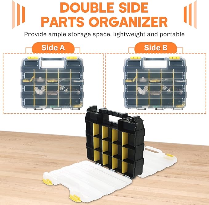 Small Parts Organizer 2 Pack | Storage Case Tools Box 34-Compartments Double Side Organizer Box with Removable Dividers for Small Hardware, Screws, Bolts, Nuts, Nails, Beads (Yellow)