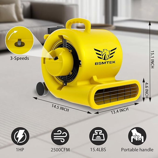 2500-5000 CFM 1HP Air Mover Blower Fan, Floor Blower Dryer, 3 Speeds, 4 Adjustable Angles, Handle Wheelkit, 15Ft Long Cord Portable, Stackable - 2026 Upgraded