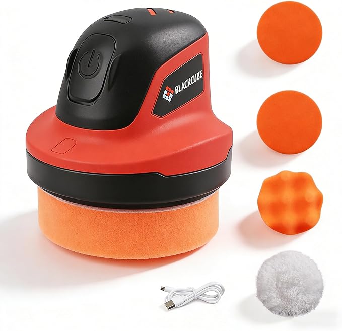 BLACKCUBE Cordless Car Polisher 230 RPM, USB Rechargeable Auto Buffer with 2000mAh Battery, Lightweight 5-Pad Detailing Kit for Scratch Removal, Waxing & Polishing – for Car, Boat & Home