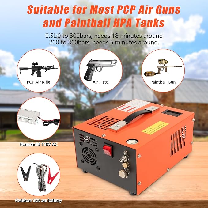 PCP Air Compressor, 4500PSI Portable PCP Compressor, 12V DC/110V AC PCP Airgun Compressor Manual-stop, w/External Power Adapter, Built-in Fan, Suitable for Paintball, PCP Rifle, Pistol, Scuba Bottle