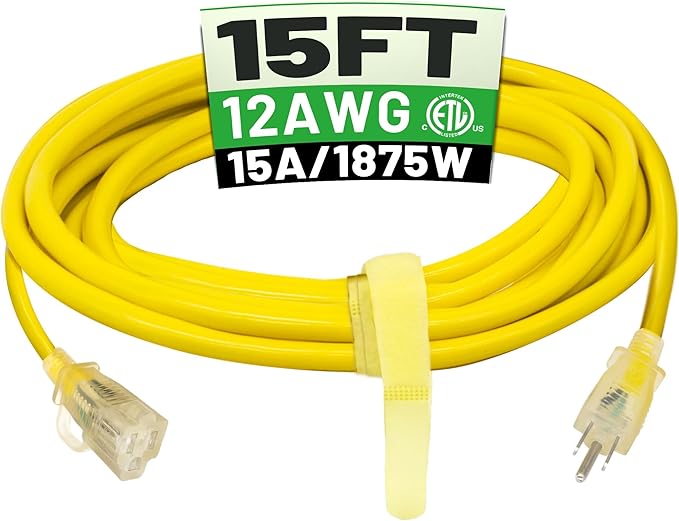 POWGRN 15 ft 12/3 Outdoor Extension Cord Waterproof Heavy Duty with Lighted Indicator End 12 Gauge 3 Prong, Flexible Cold-Resistant Long Power Cord Outside, 15Amp 1875W SJTW Yellow ETL Listed