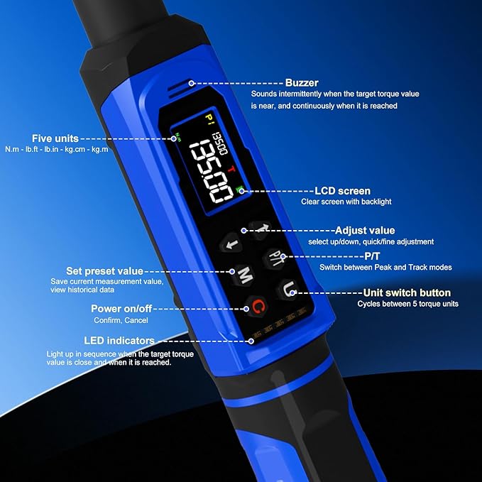 1/2" Digital Torque Wrench 1.5-99.56 Ft-lb (2-135 Nm) with 3/8" Adapter, Electronic Inch Pound Torque Wrench 3/8", 5 Units ±1% Accuracy with Buzzer & LED Alerts for Car Bike Moto
