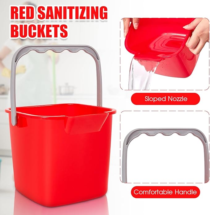 Irenare 16 Pcs Sanitizing Bucket 3 Quart Cleaning Pail Small Detergent Square, Spout and Handle Plastic Utility Sanitizer Buckets for Restaurant Kitchen Home Offices (Red)