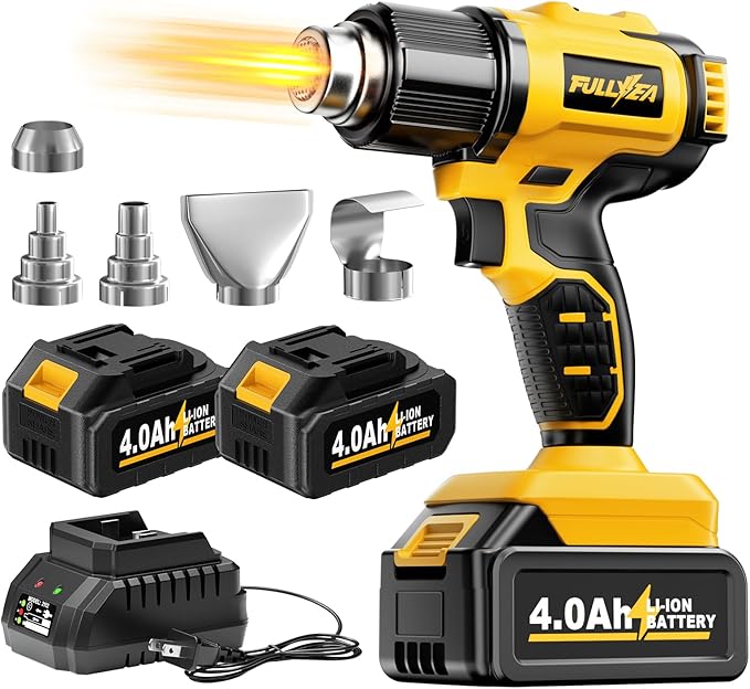 FULLYEA Cordless Heat Gun, 300℃-550℃ Fast Heating Gun Kit, 2 Temperature Setting Cordless Heater, Hot Air Gun with 2*4.0Ah Batteries & 5 Types Nozzles, Heat Guns for Shrink Tubing, Crafting (Yellow)