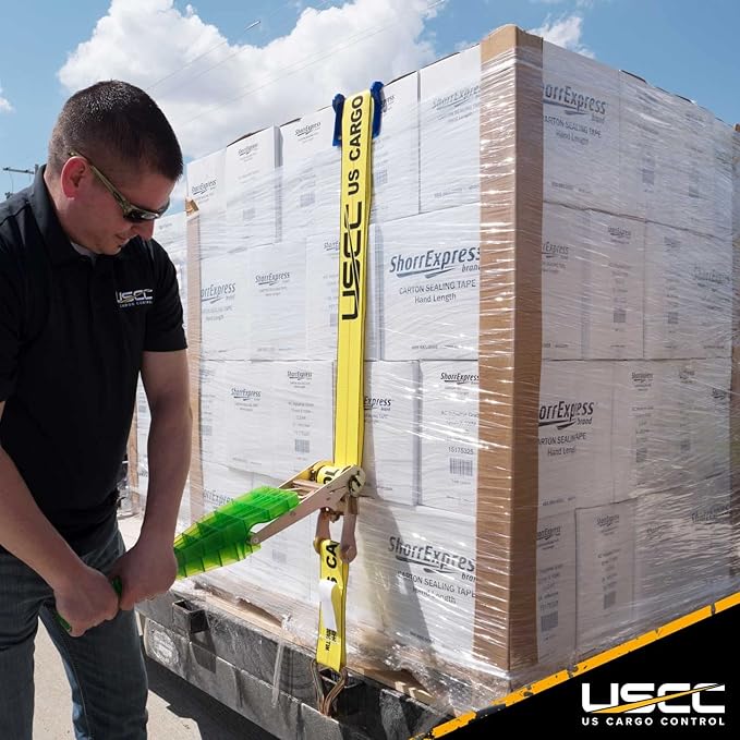 US Cargo Control J Hook Ratchet Straps 4 Inch x 27 Foot (2-Pack), 5,400 LBS Working Load Limit, Yellow 4 Inch Ratchet Straps Heavy Duty for Flatbed Trailers, Professional Flatbed Hauling