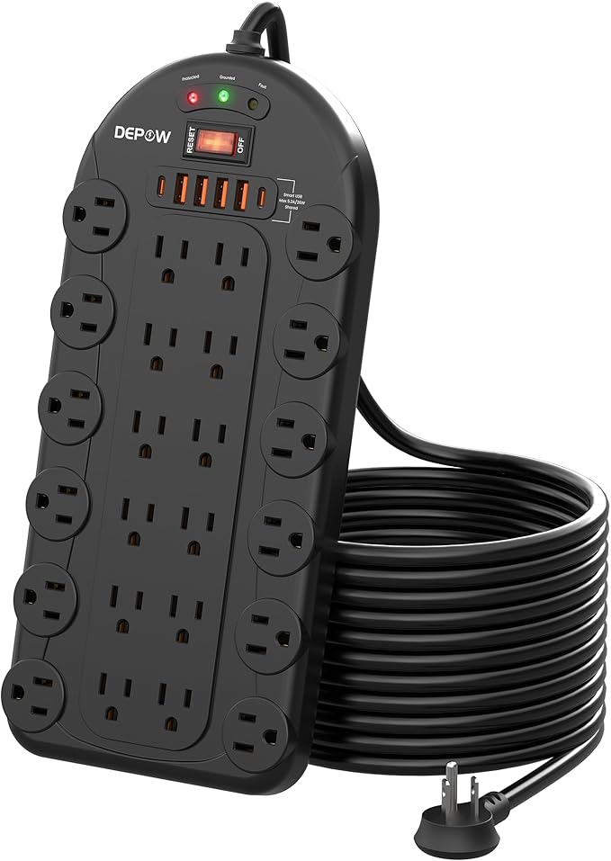 DEPOW 10Ft Power Strip Surge Protector with 24 AC Outlets (1875W/15A) 6 USBs (2 USB-C Ports), 3,400 Joules, Heavy Duty Flat Plug Extension Cord, Wall Mountable for Home, Office, Black, ETL Listed