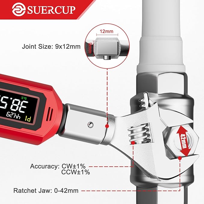 Adjustable Digital Torque Wrench 0.66-44.29Ft.Lb/0.9-60N.m,9x12 mm Open End Hvac Torque Wrench with 3/8 Drive Ratchet Head&42mm Jaw, Vibration, Buzzer,LED Notification for Split AC, Bike, Moto