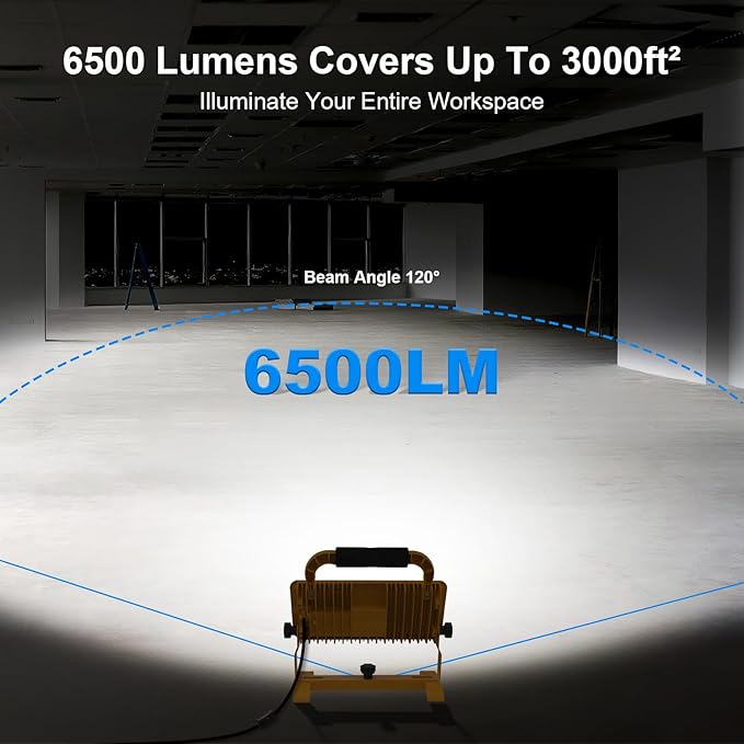 LED Work Light 6500LM 85-277v, 500W Equivalent Flood Light with 10FT Cord Switch, 5000K Work Lights with Stand, Portable LED Lights IP67 Waterproof for Job, Workshop, Construction