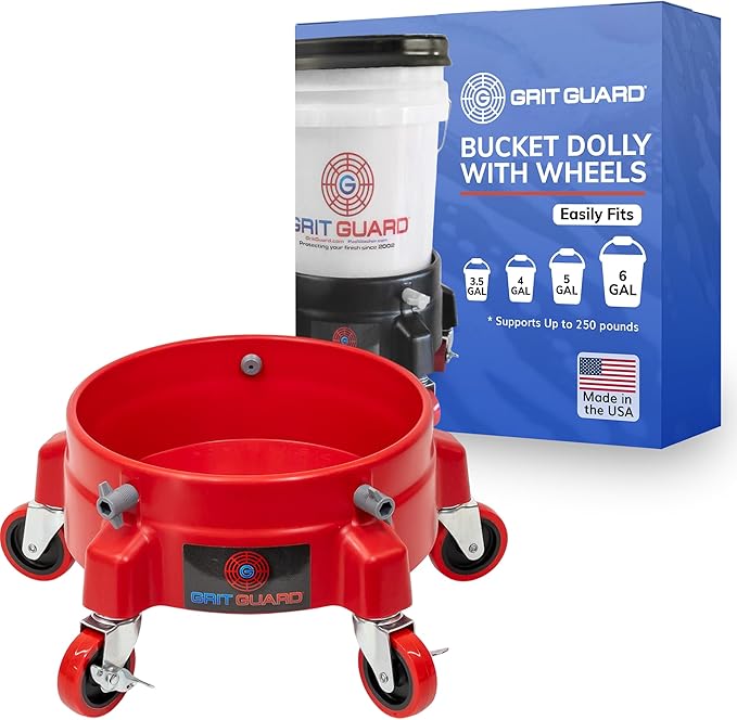 Grit Guard Bucket Dolly with Wheels - Rolling Detailing Wash Bucket with 5 Wheels and 2 Locking Casters Compatible with 2.5, 4, 5 and 6 Gallon Buckets (Red, 3" Red Casters)