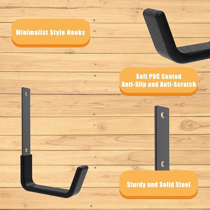 Heavy Duty Utility Hooks for Wall Mount, Garage Wall Hooks, Multi-Use Hose, Bike, Ladder, Chainsaw & Leaf Blower Hanger - 6 Medium (6 M)