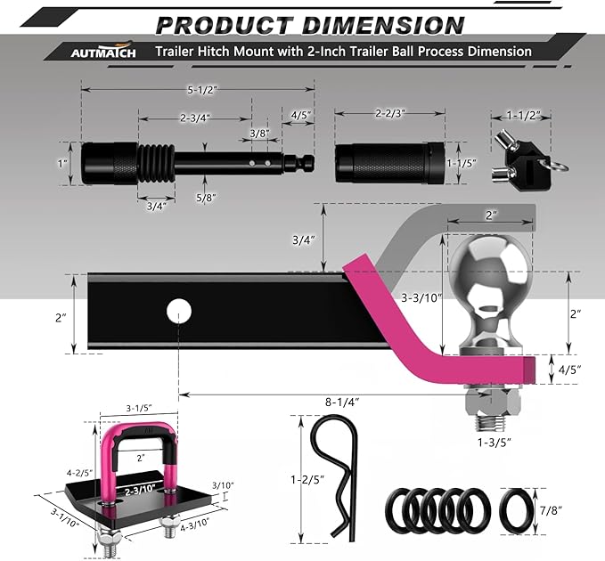 AUTMATCH Trailer Hitch Ball Mount with 2 Inch Hitch Ball - Fits 2" Receiver with Hitch Tightener, 8000Lbs Capacity Ball Hitch, 2-Inch Drop with 5/8" Hitch Lock Pin, Pink & Black